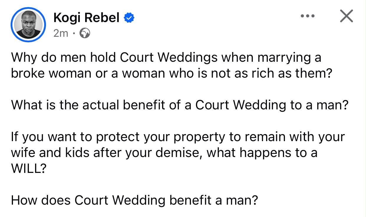 How does a court wedding benefit a man? - Kogi gov's aide asks